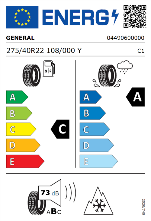 Tyre Label for General Grabber GT Plus 275/40R22 108/000Y