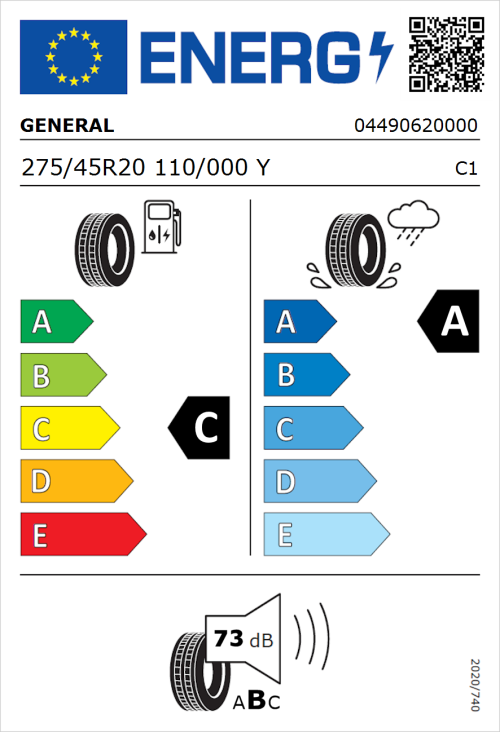 Tyre Label for General Grabber GT Plus 275/45R20 110/000Y