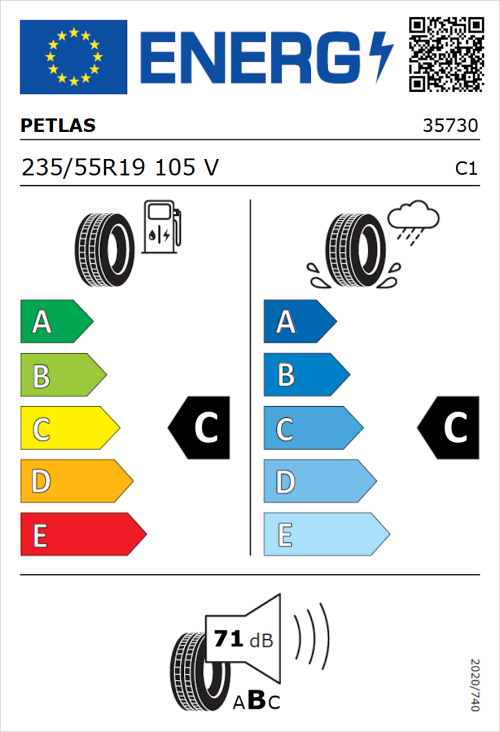 Tyre Label for Petlas Explero PT431 H/T 235/55R19 105V