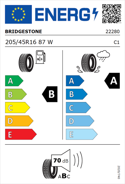 Tyre Label for Bridgestone Turanza 6 205/45R16 87W