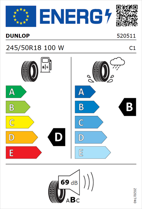Tyre Label for Dunlop SP SPORTMAXX GT 245/50R18 100W